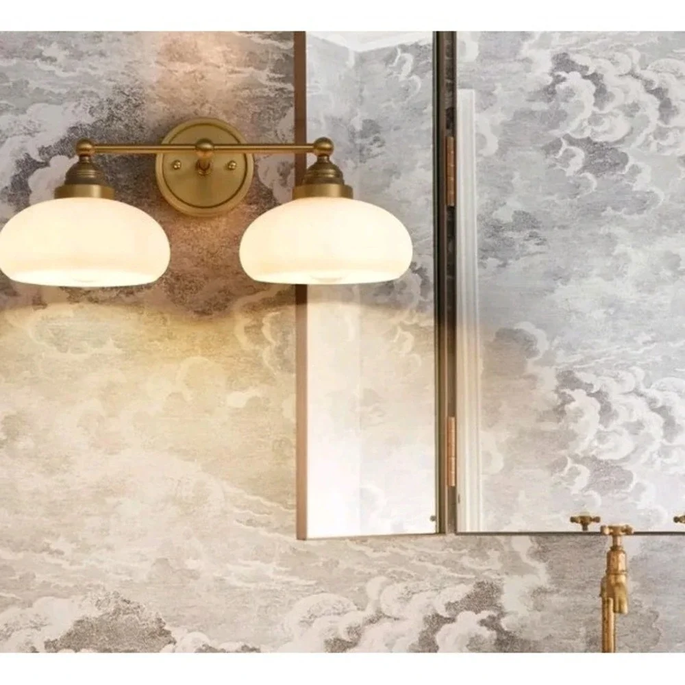2-Lights Milk White Glass Wall Sconce Lighting Brass Finished, Double Arm Bat...